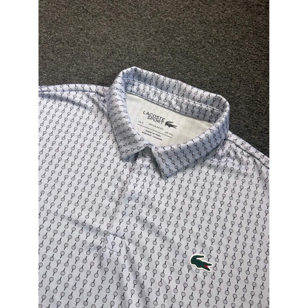 Lacoste Sport Polo Shirt Blue Mens XXL Tennis Racket Print Regular Fit Stretch
